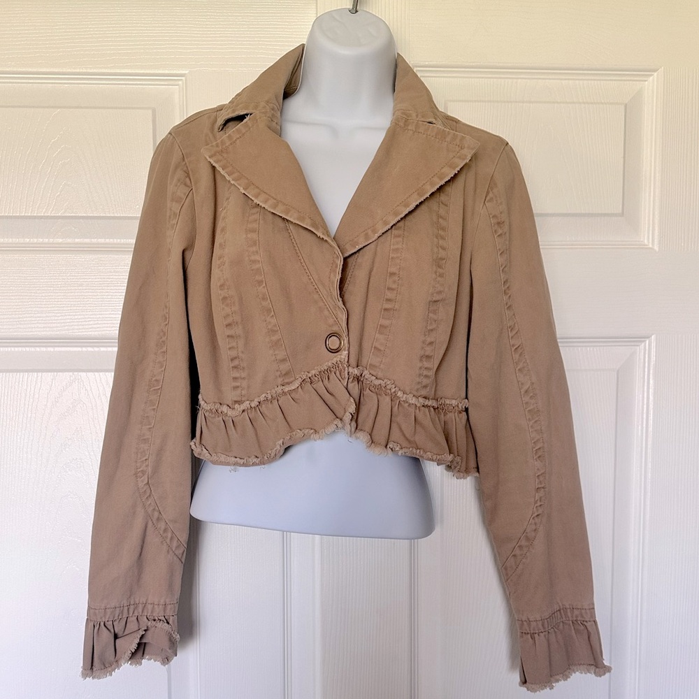 Mixit Tan Cropped Jacket Blazer Ruffles